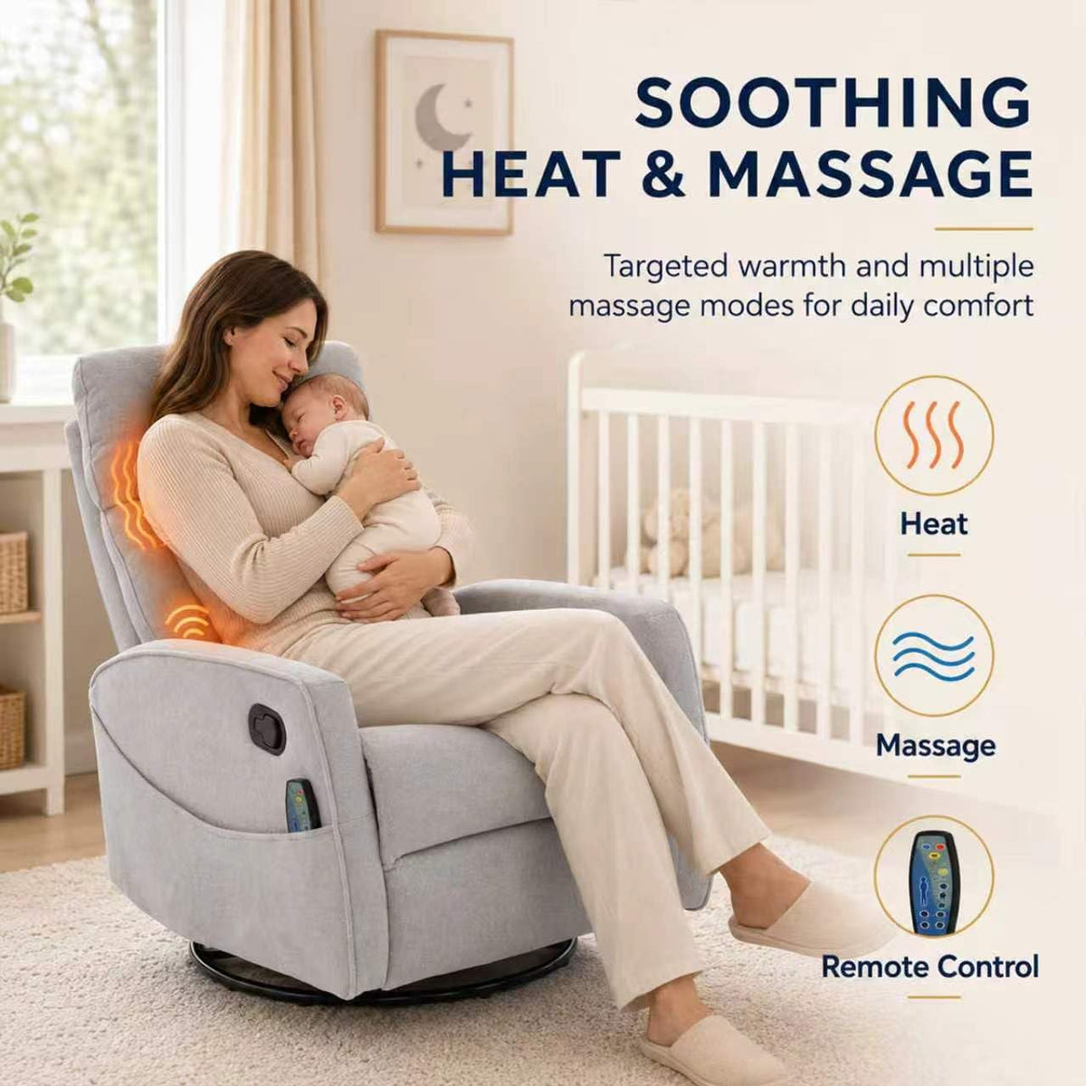 Small White Velvet Recliner Rocking Chair with Heat and Massage T335