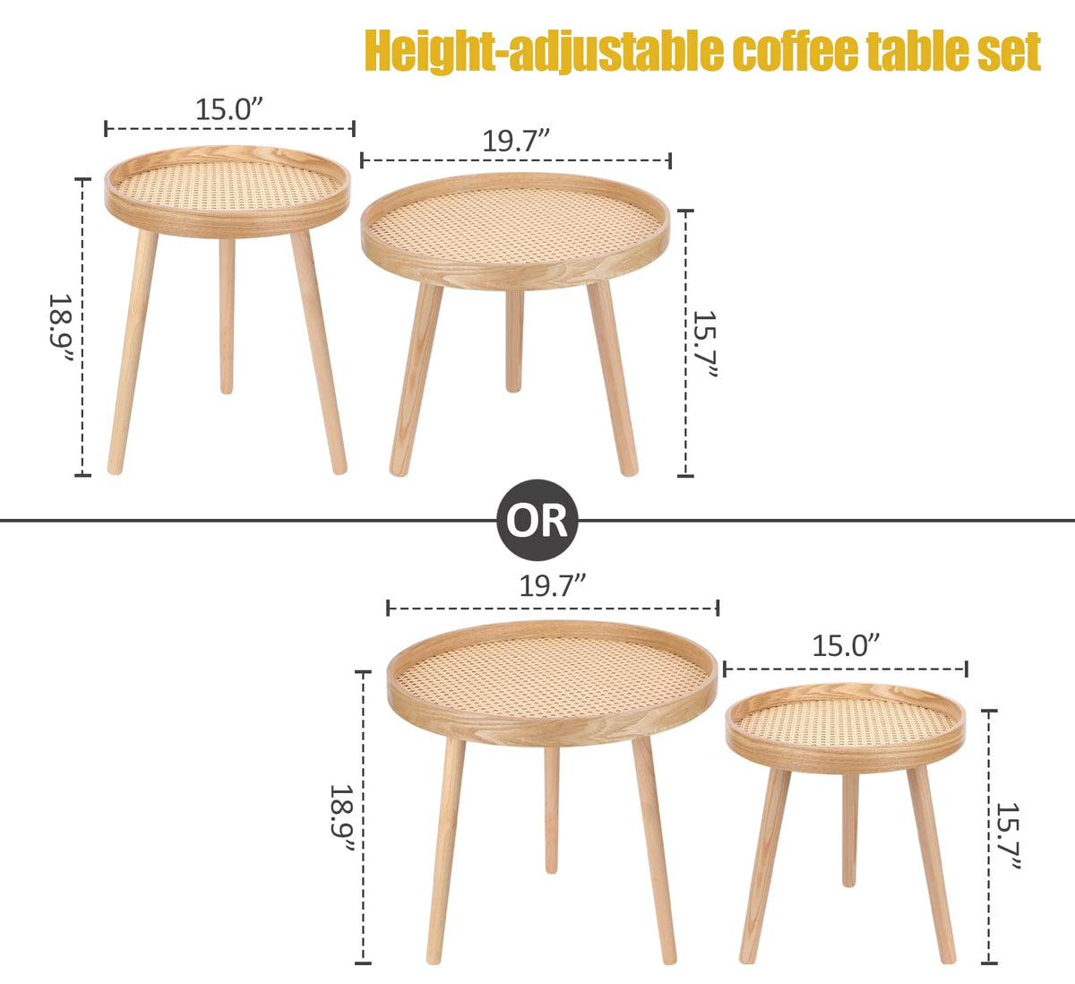 Round Coffee Table Set of 2 Natural Rattan G387