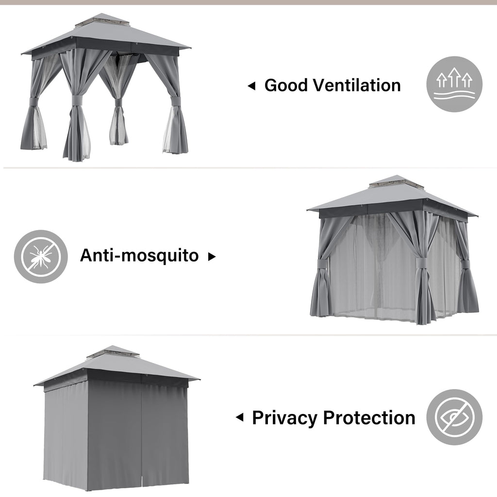 8'x8' Heavy Duty Patio Gazebo with Double Roofs, Mosquito Nettings and Privacy Screens S38027