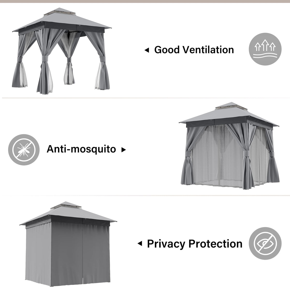 8'x8' Heavy Duty Patio Gazebo with Double Roofs, Mosquito Nettings and Privacy Screens S38027