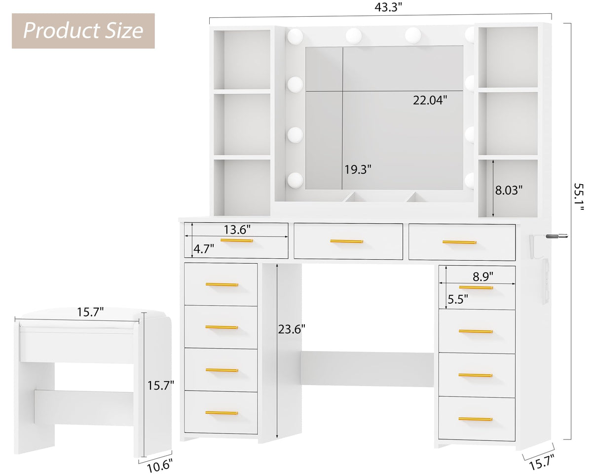 11 Drawer Makeup Vanity Desk with Mirror and Lights, Stool S56897