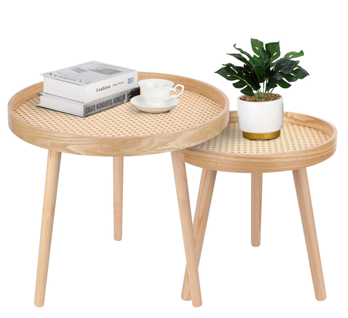 Round Coffee Table Set of 2 Natural Rattan G387