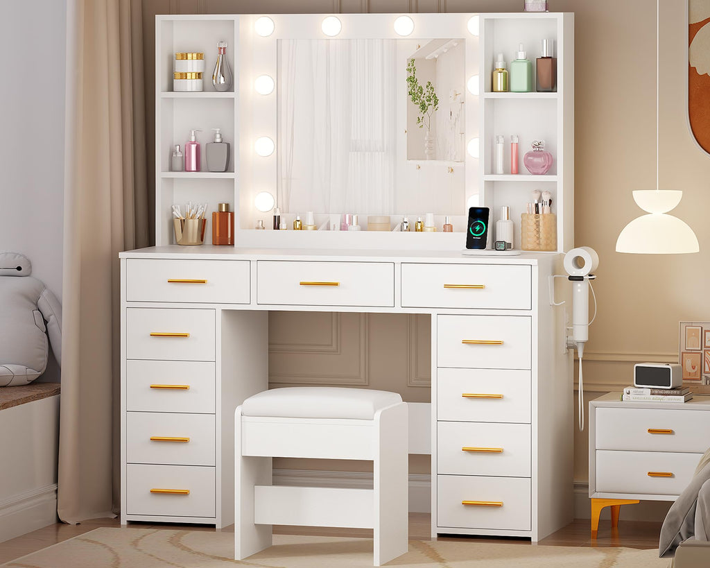 11 Drawer Makeup Vanity Desk with Mirror and Lights, Stool S56897