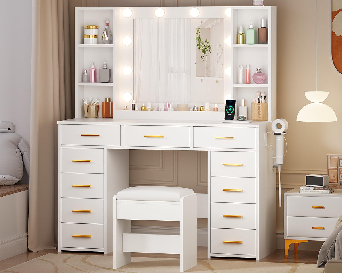 11 Drawer Makeup Vanity Desk with Mirror and Lights, Stool S56897