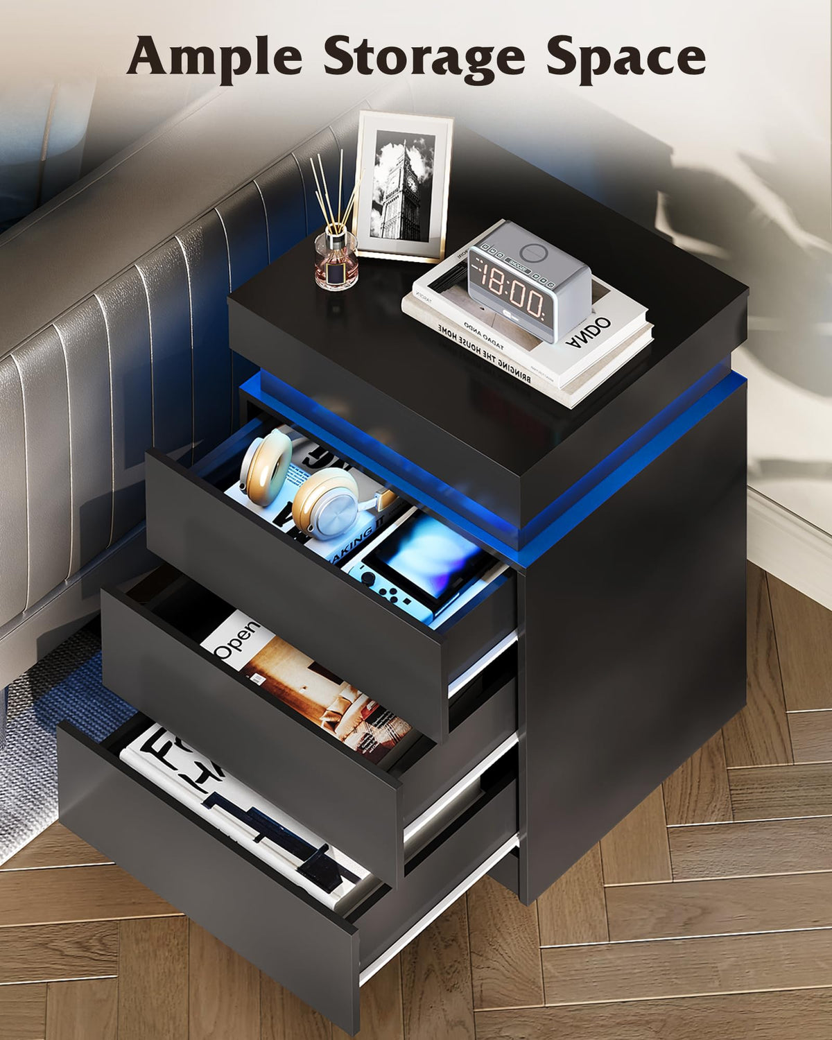 Black Nightstand with Charging Station D27004
