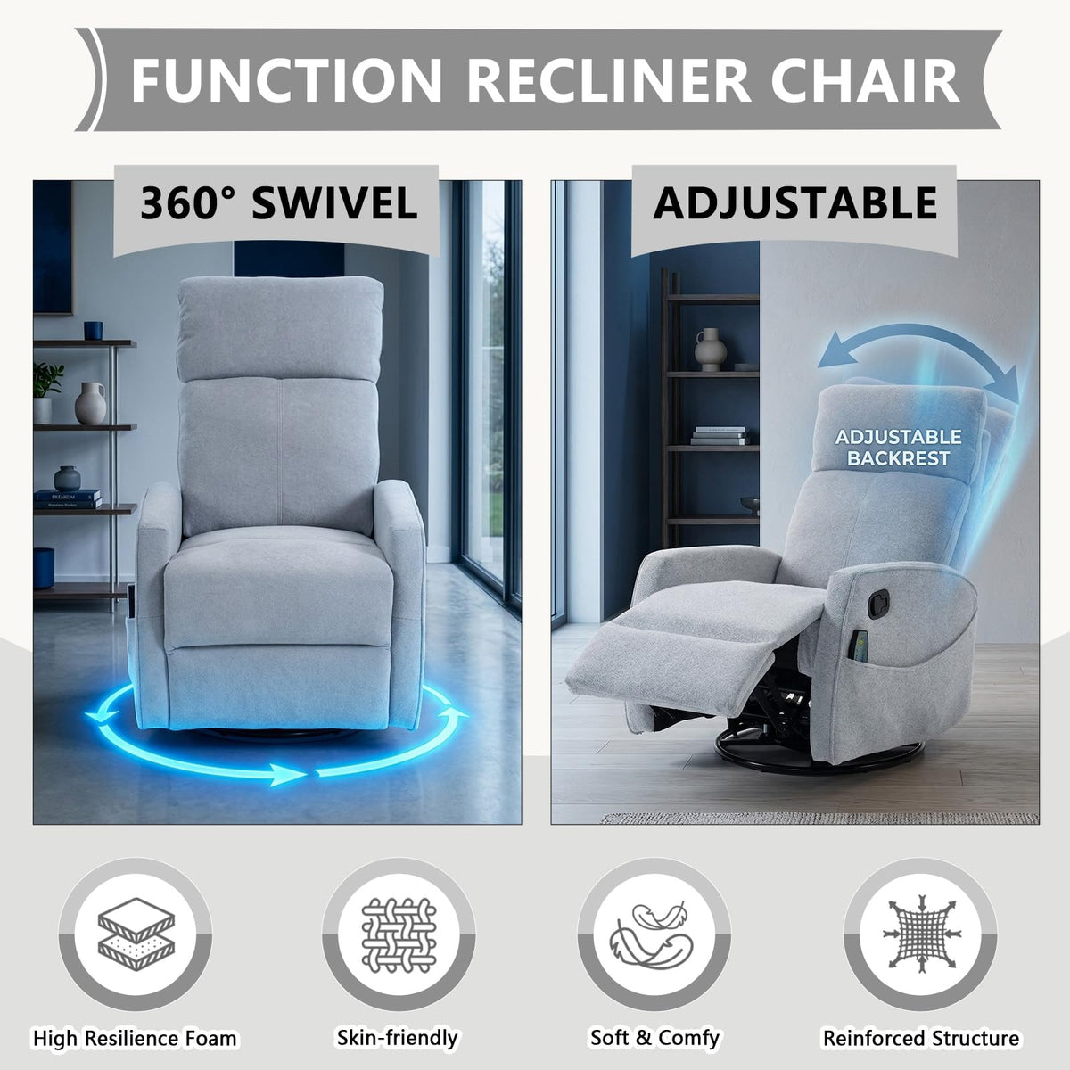 Small White Velvet Recliner Rocking Chair with Heat and Massage T335