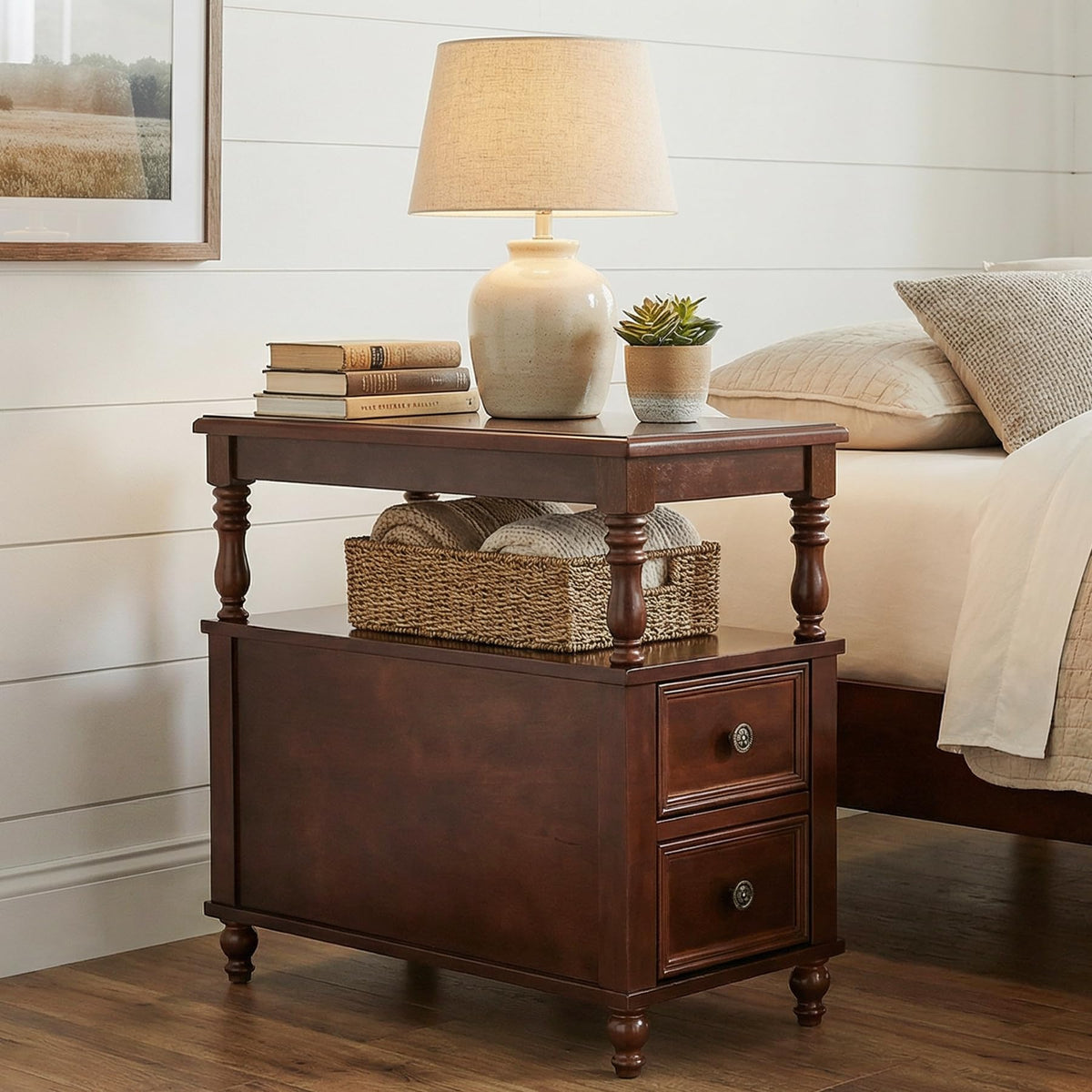 Solid Wood 2 Drawer Nightstand with Open Storage Shelf H12357