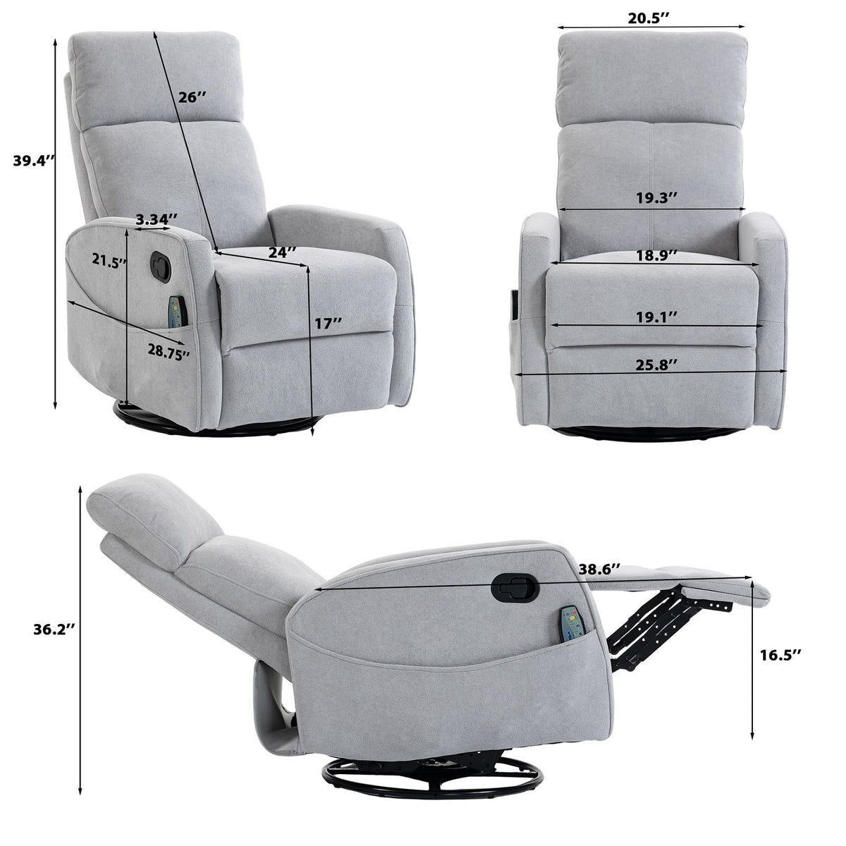 Small White Velvet Recliner Rocking Chair with Heat and Massage T335