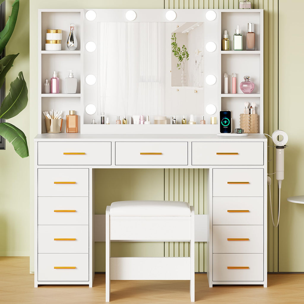 11 Drawer Makeup Vanity Desk with Mirror and Lights, Stool S56897