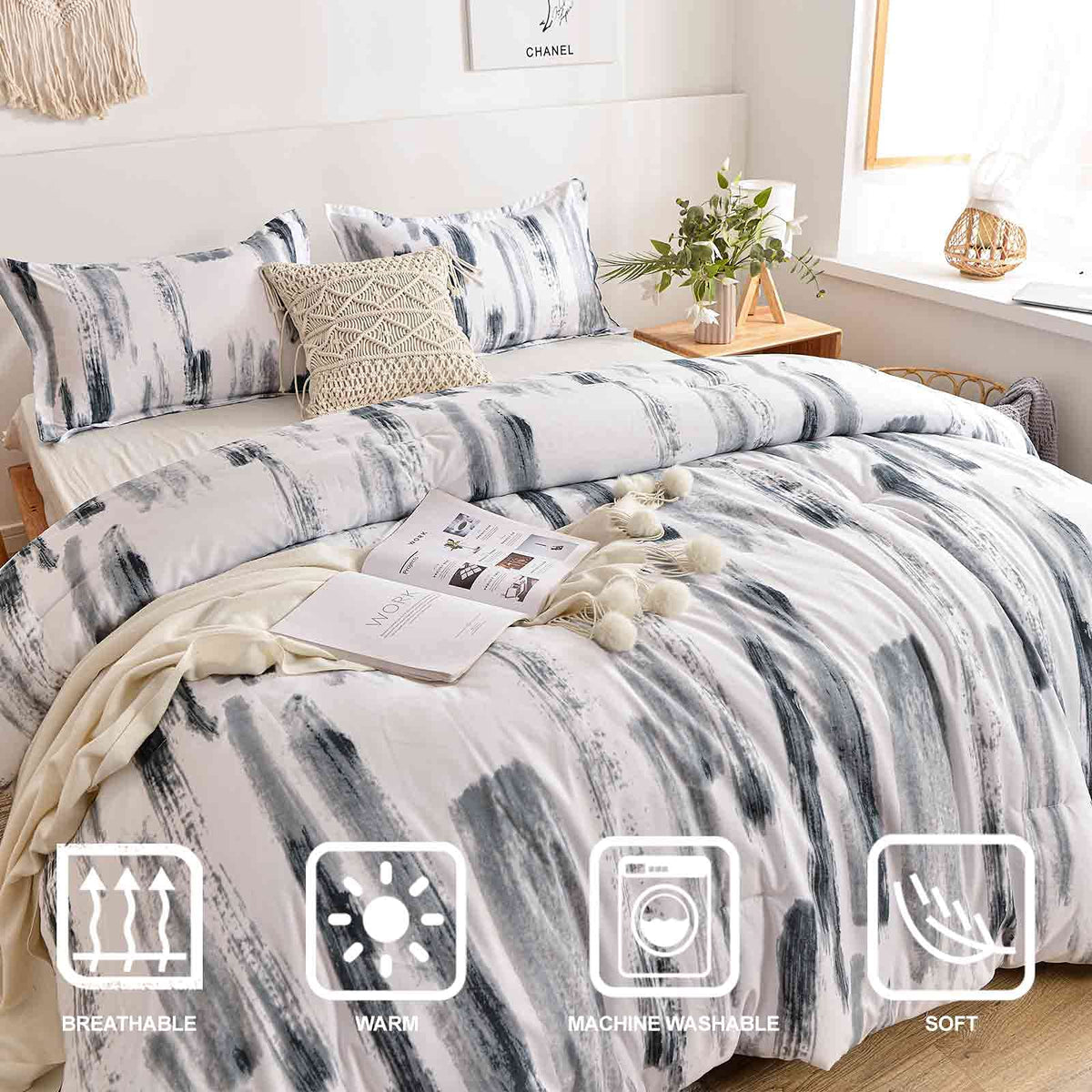 King 3pc Grey White Reversible Microfiber Comforter Set A65033