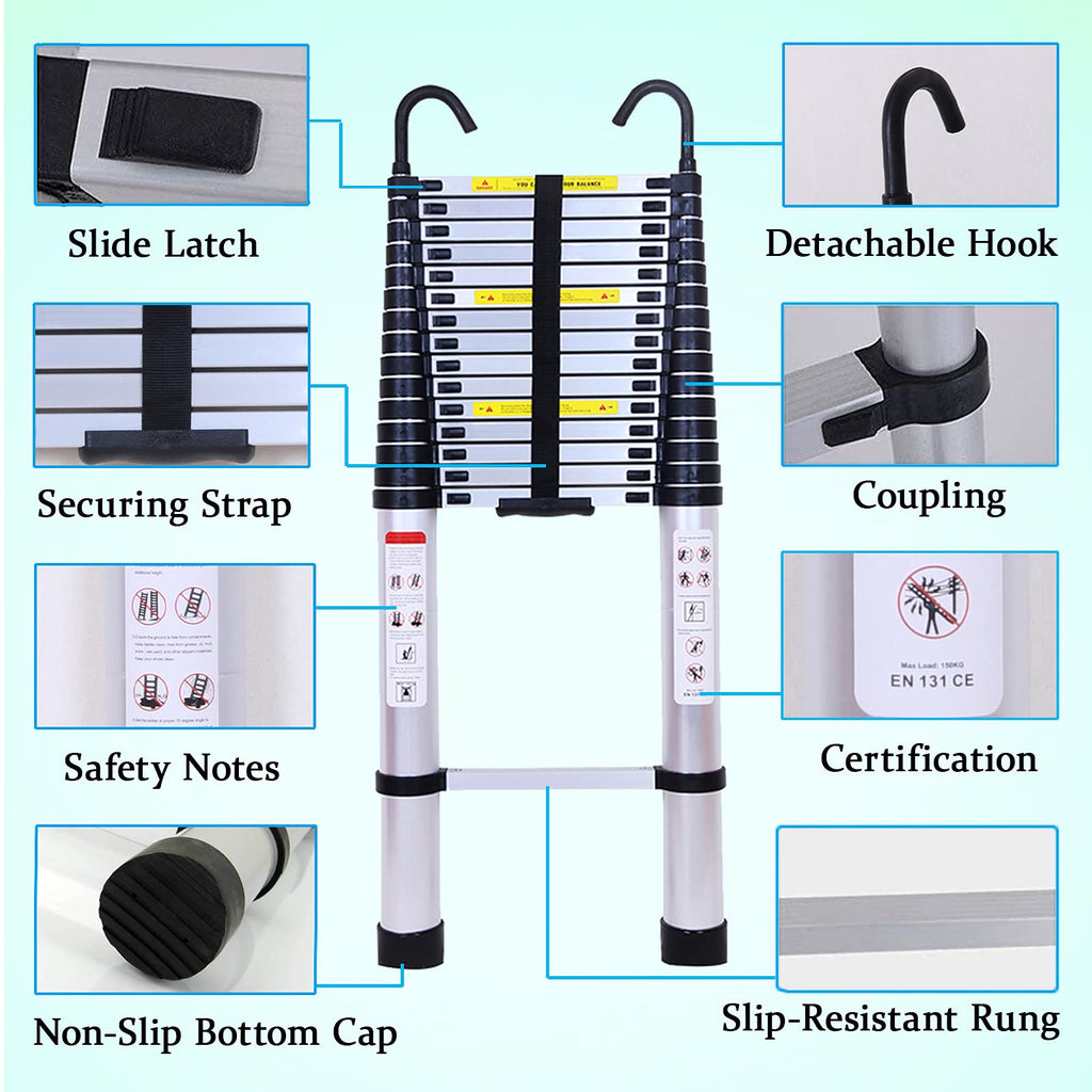 20.5FT Aluminum Telescoping Ladder with 2 Detachable Hooks N198639
