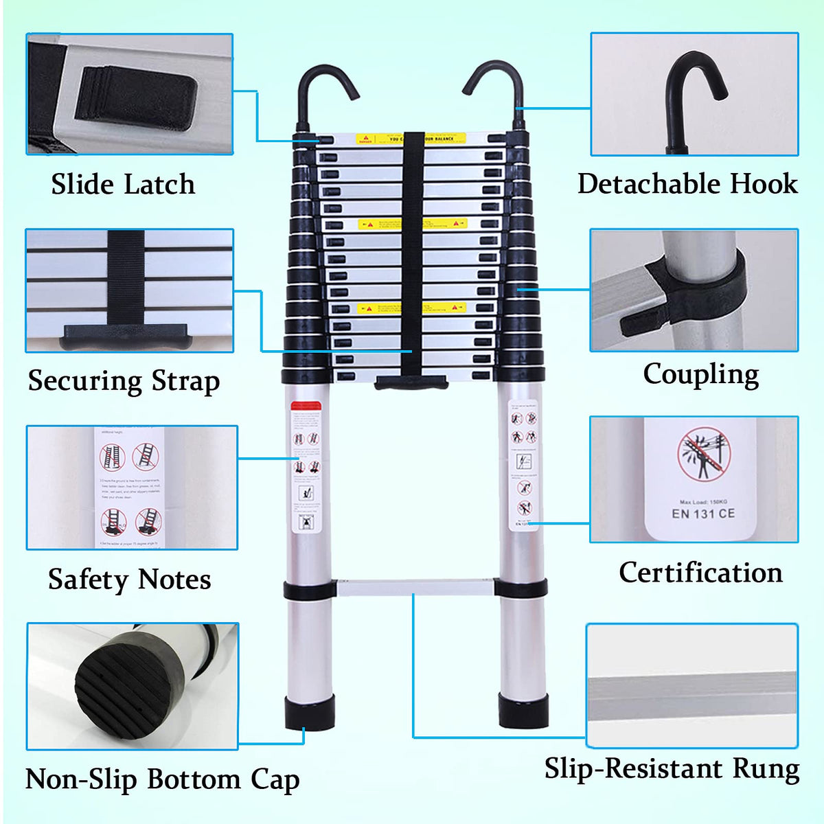 20.5FT Aluminum Telescoping Ladder with 2 Detachable Hooks N198639