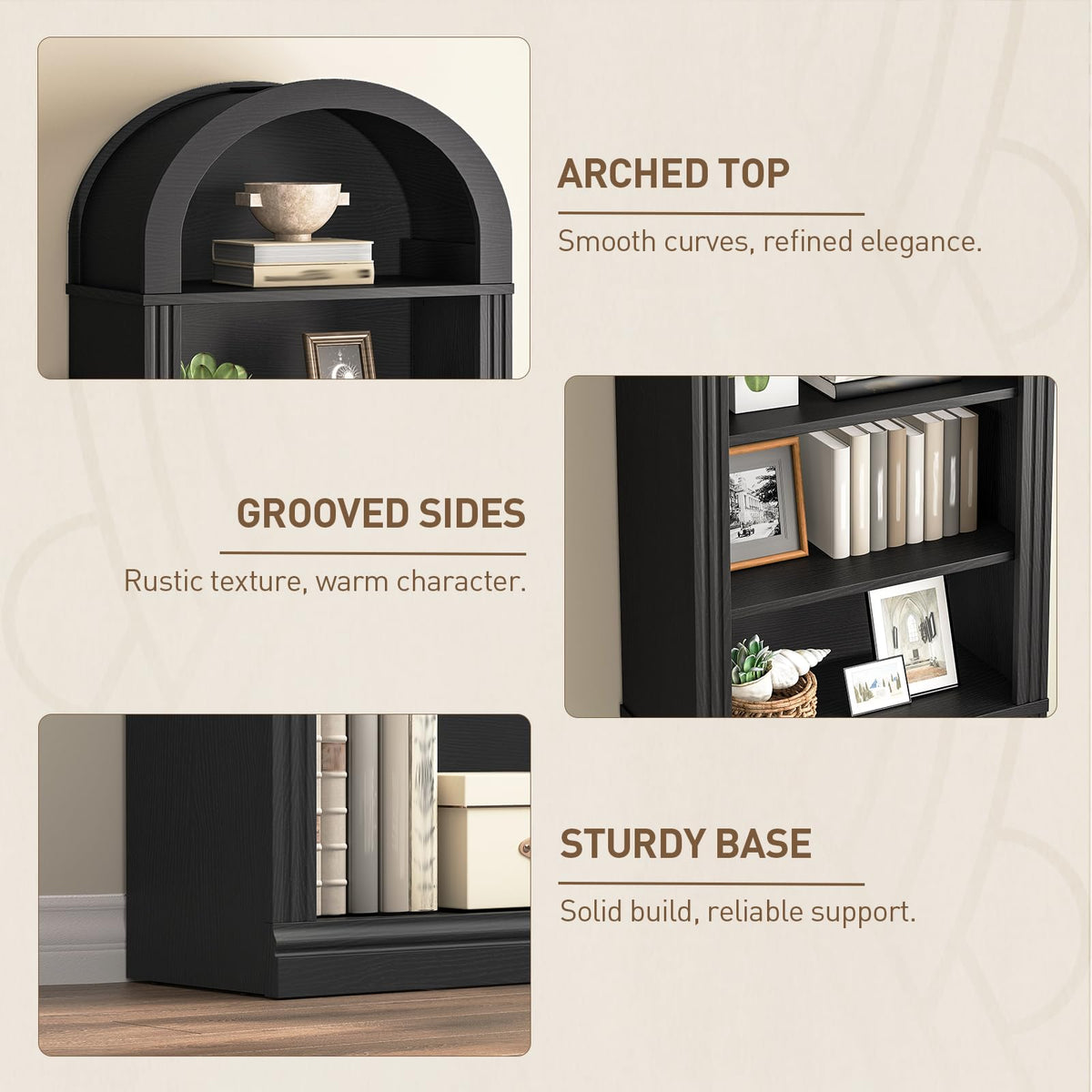 75.8" Tall Narrow 6-Tier Arched Wooden Bookshelf, Black Z61455