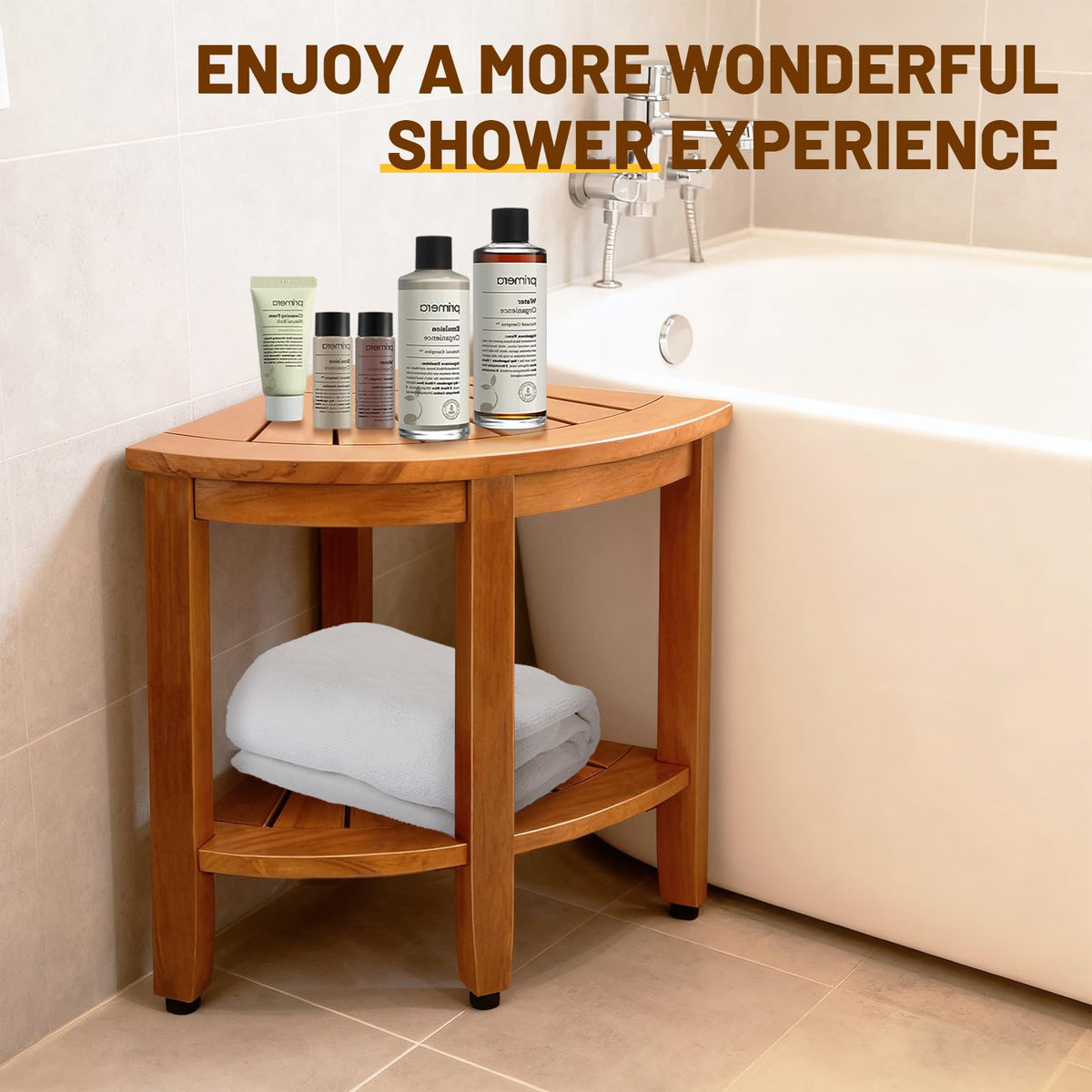 18" Teak Corner Shower Bench with Shelf Z8449