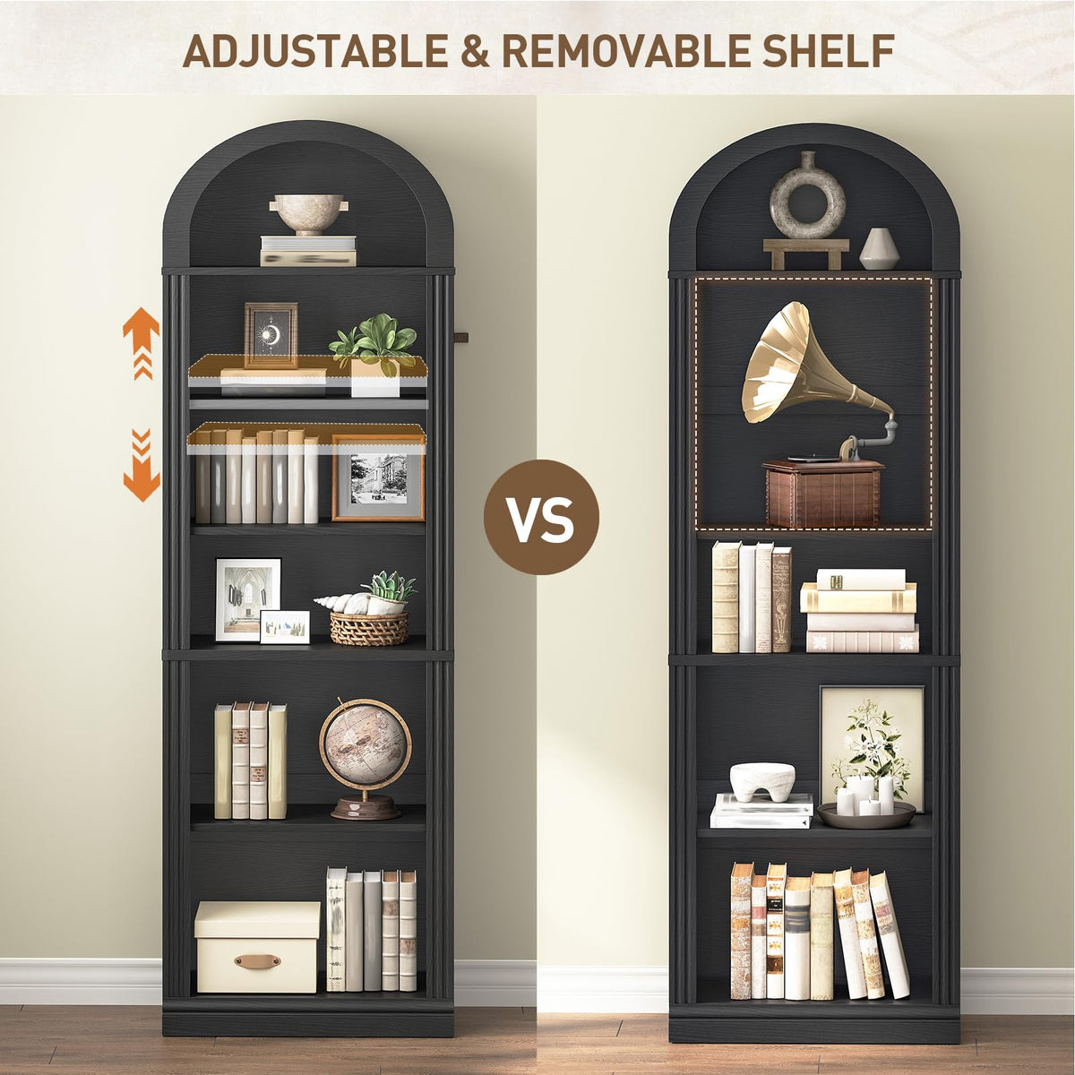 75.8" Tall Narrow 6-Tier Arched Wooden Bookshelf, Black Z61455
