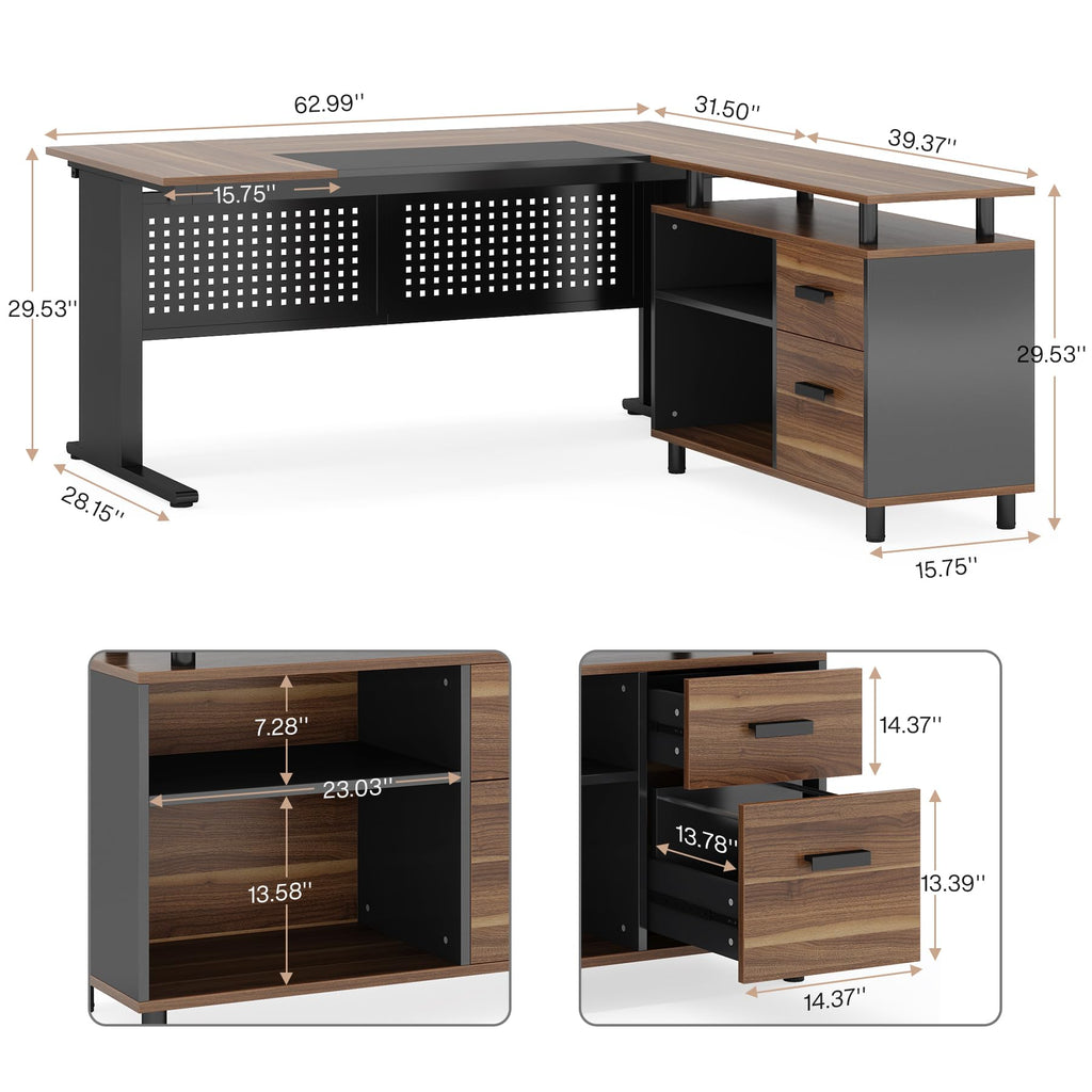 63 Inch L Shaped Computer Desk with File Cabinet and Storage Shelves I94696