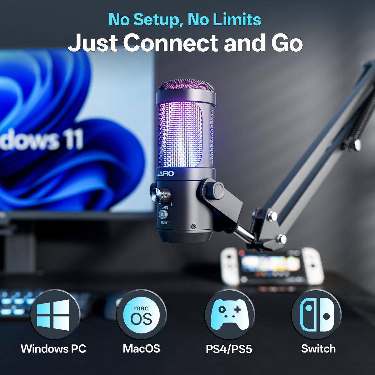USB Podcast Microphone with Boom Arm, Studio Condenser Mic with Real-Time Monitoring, Mute, Volume Control (Black) L308704