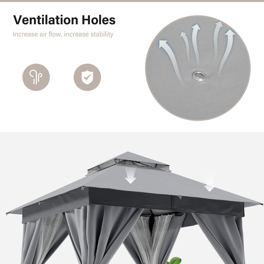 8'x8' Heavy Duty Patio Gazebo with Double Roofs, Mosquito Nettings and Privacy Screens S38027