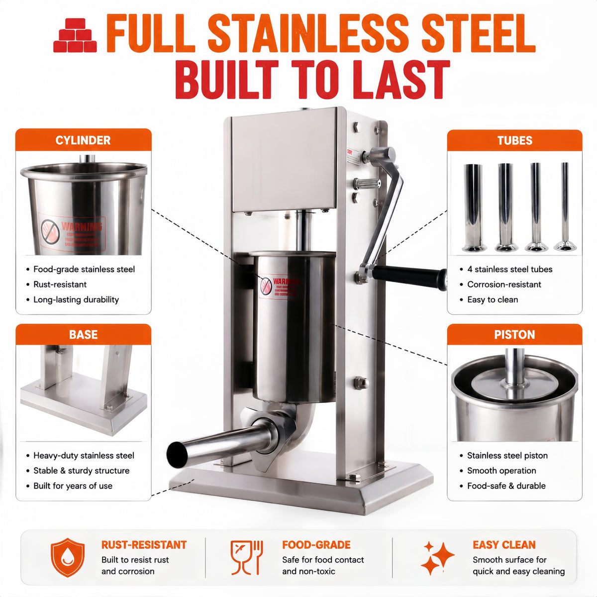 3L Stainless Steel Manual Sausage Stuffer with 4 Tubes N833