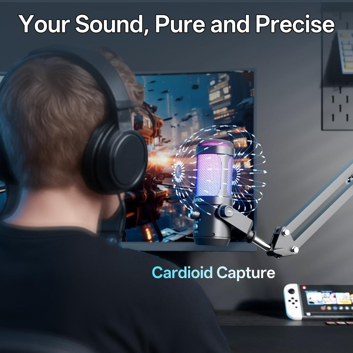 USB Podcast Microphone with Boom Arm, Studio Condenser Mic with Real-Time Monitoring, Mute, Volume Control (Black) L308704
