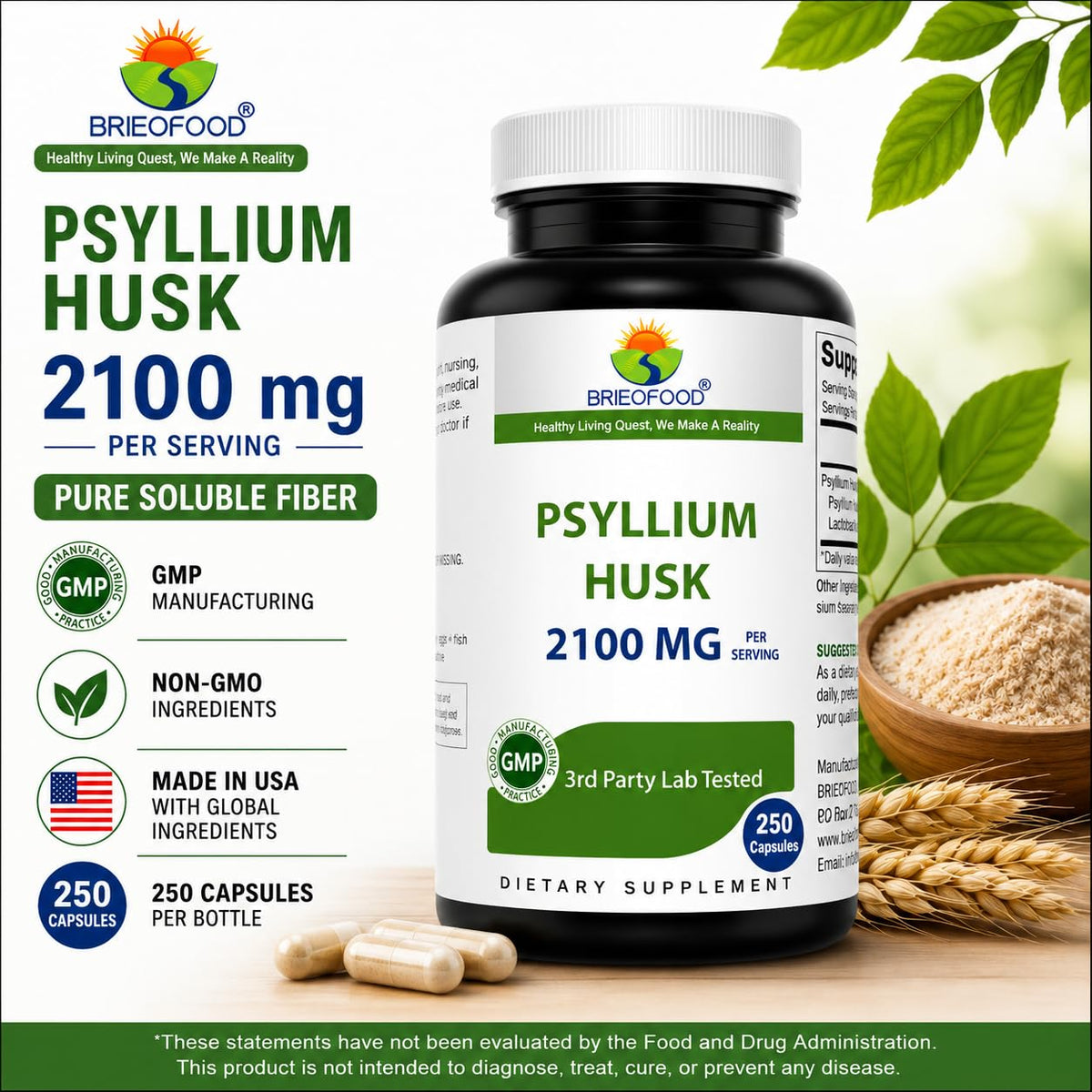 Psyllium Husk Fiber Supplement 250 Capsules K408