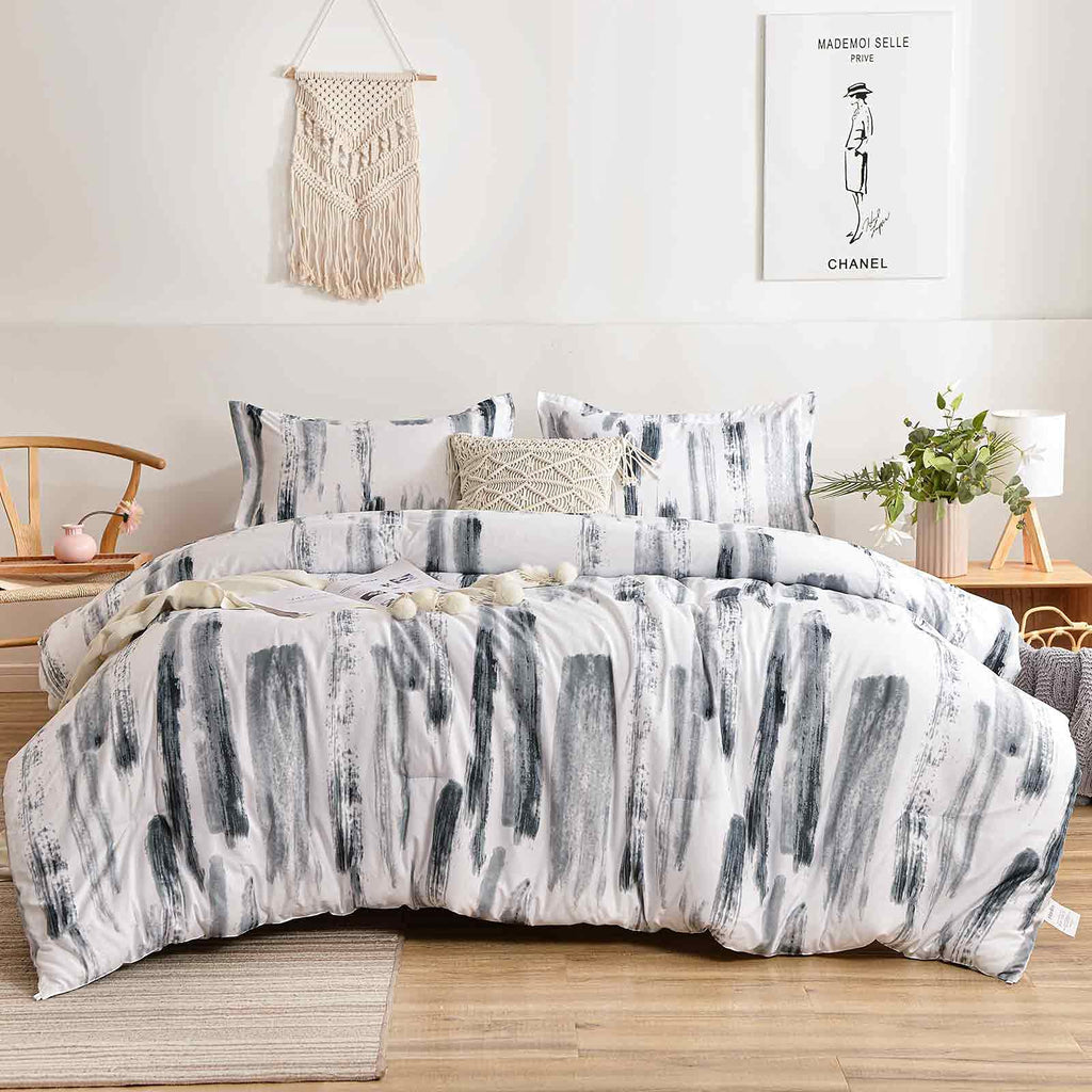 King 3pc Grey White Reversible Microfiber Comforter Set A65033