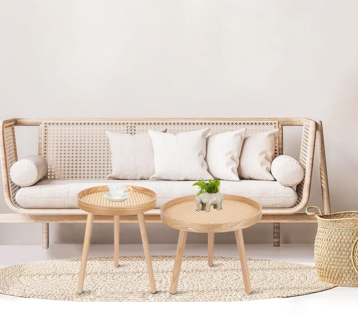 Round Coffee Table Set of 2 Natural Rattan G387