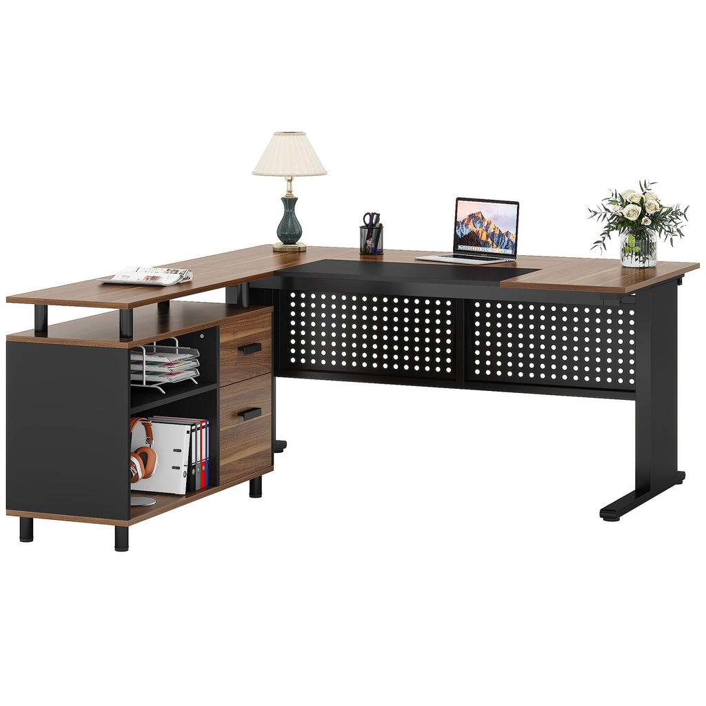 63 Inch L Shaped Computer Desk with File Cabinet and Storage Shelves I94696