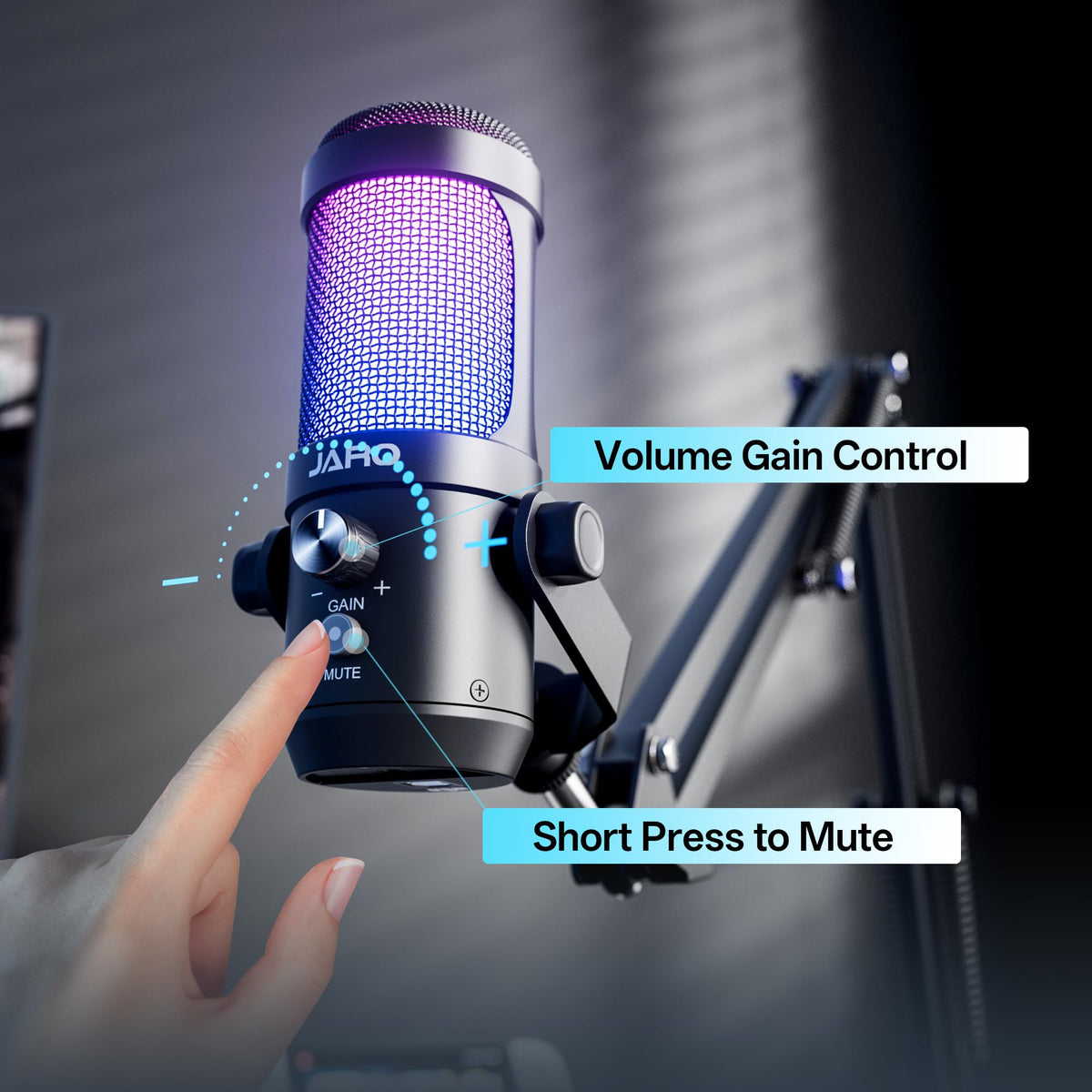 USB Podcast Microphone with Boom Arm, Studio Condenser Mic with Real-Time Monitoring, Mute, Volume Control (Black) L308704