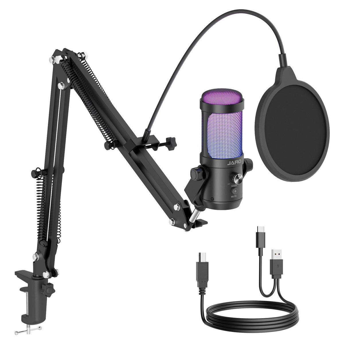 USB Podcast Microphone with Boom Arm, Studio Condenser Mic with Real-Time Monitoring, Mute, Volume Control (Black) L308704