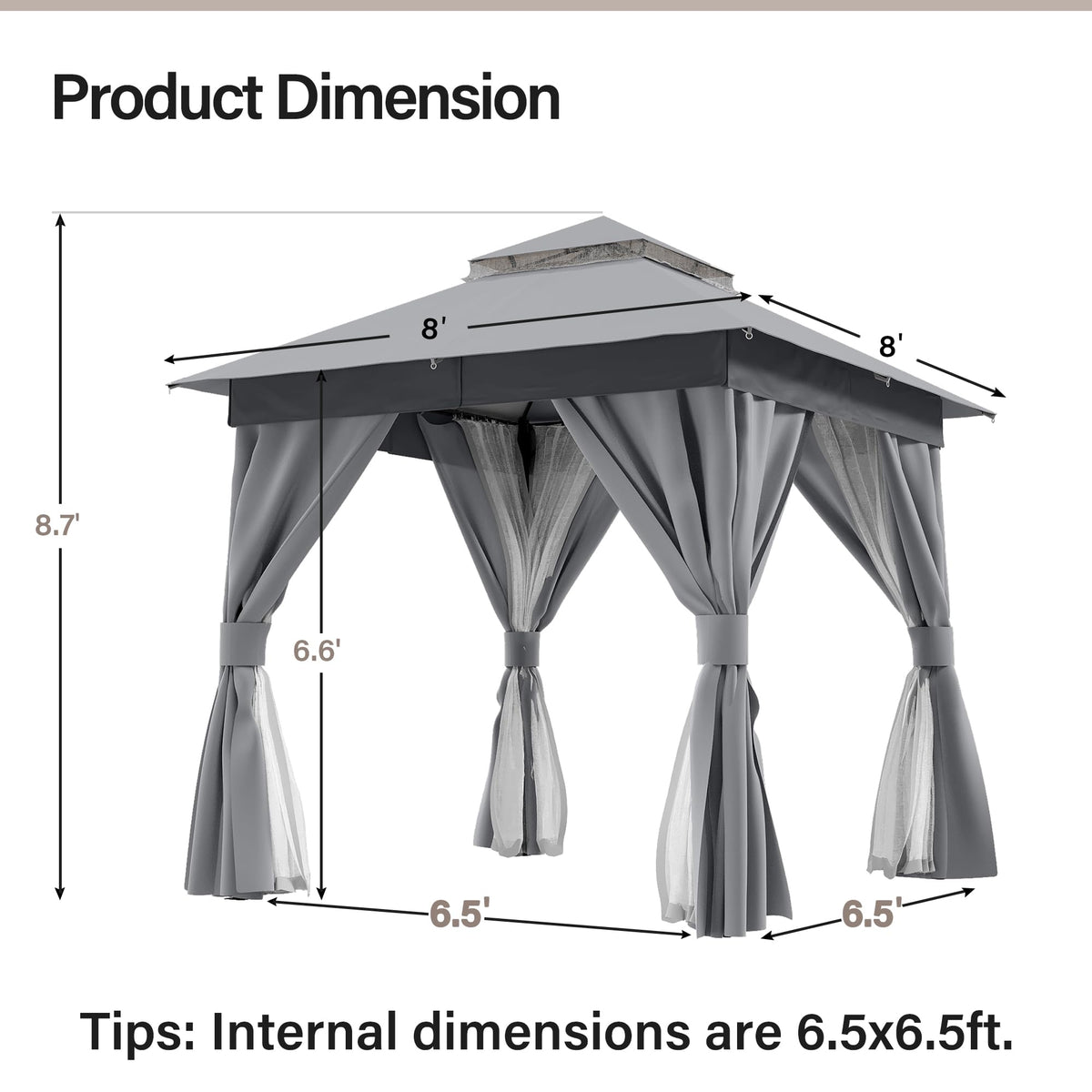 8'x8' Heavy Duty Patio Gazebo with Double Roofs, Mosquito Nettings and Privacy Screens S38027