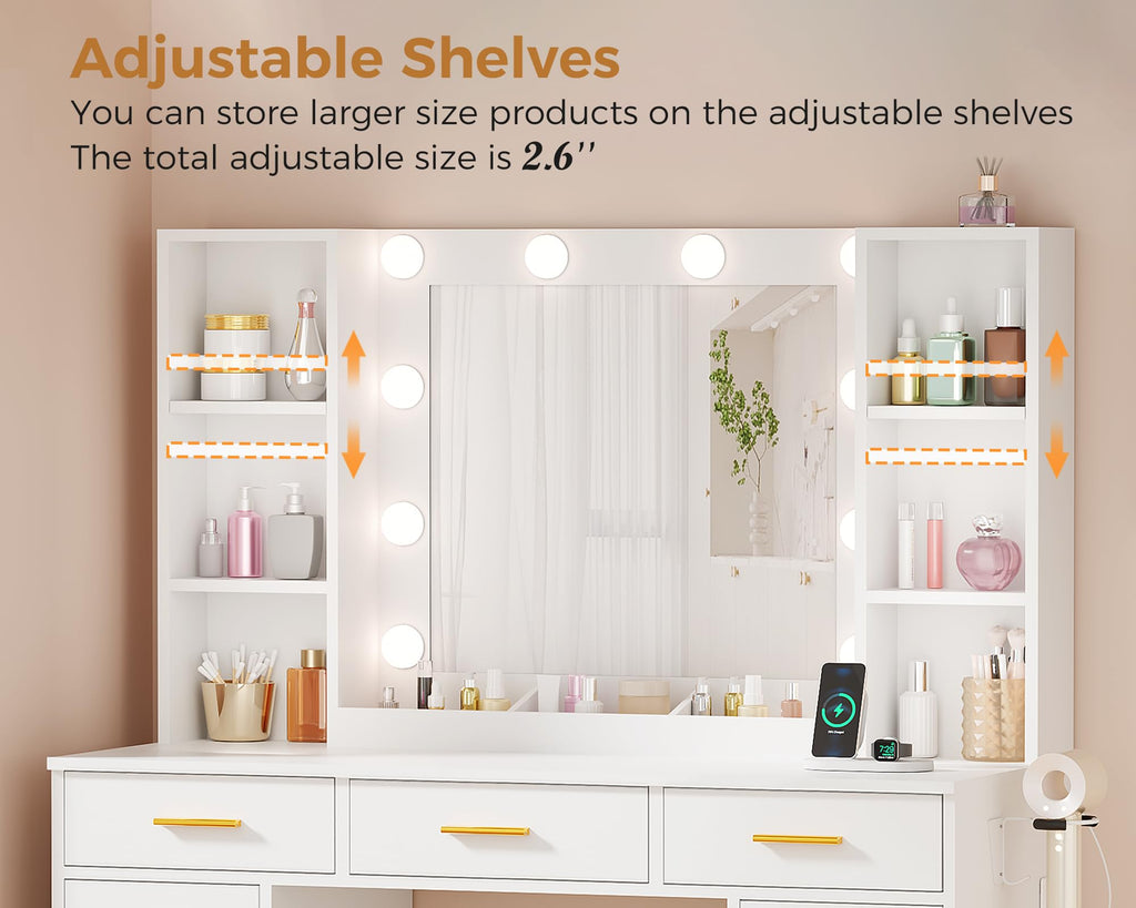 11 Drawer Makeup Vanity Desk with Mirror and Lights, Stool S56897