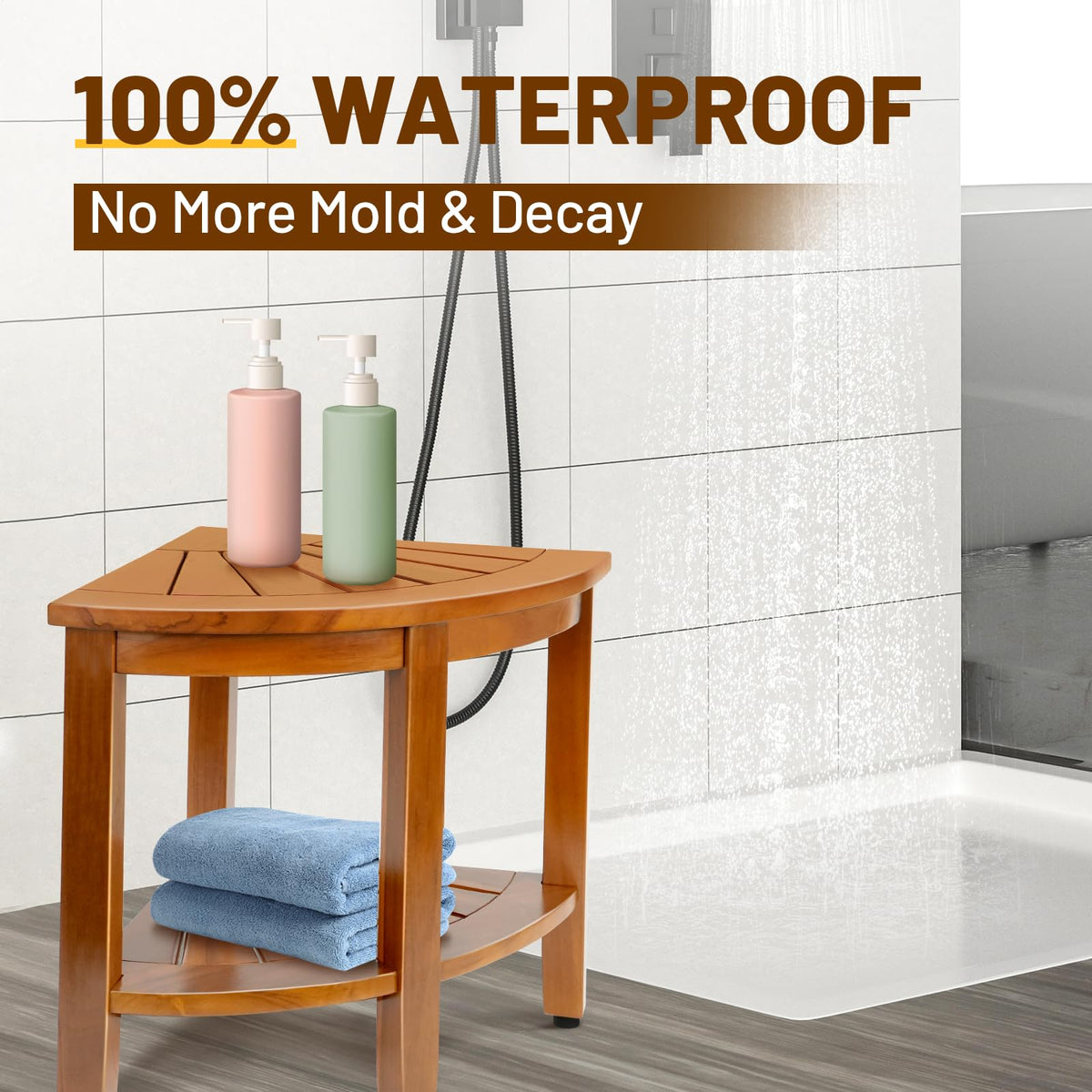 18" Teak Corner Shower Bench with Shelf Z8449