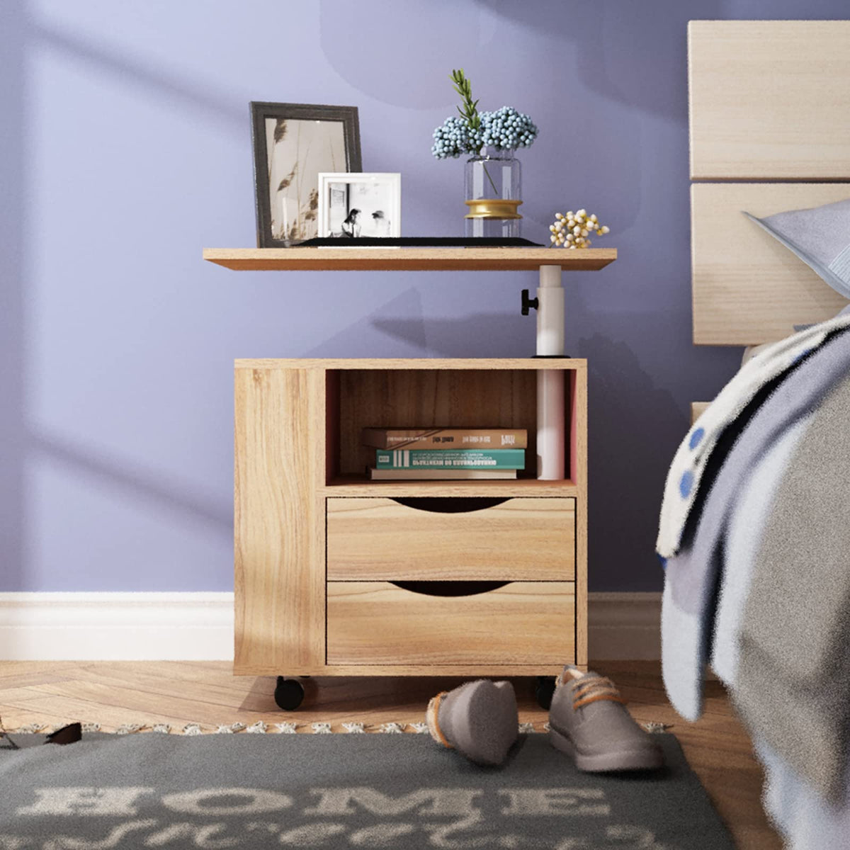23.6in Rolling Nightstand with 2 Drawers and Shelf Oak Z683209