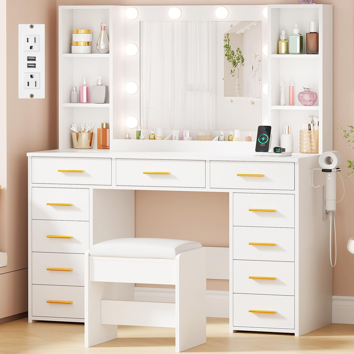 11 Drawer Makeup Vanity Desk with Mirror and Lights, Stool S56897