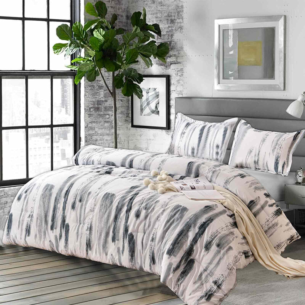King 3pc Grey White Reversible Microfiber Comforter Set A65033