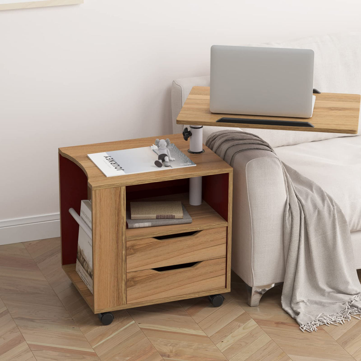 23.6in Rolling Nightstand with 2 Drawers and Shelf Oak Z683209