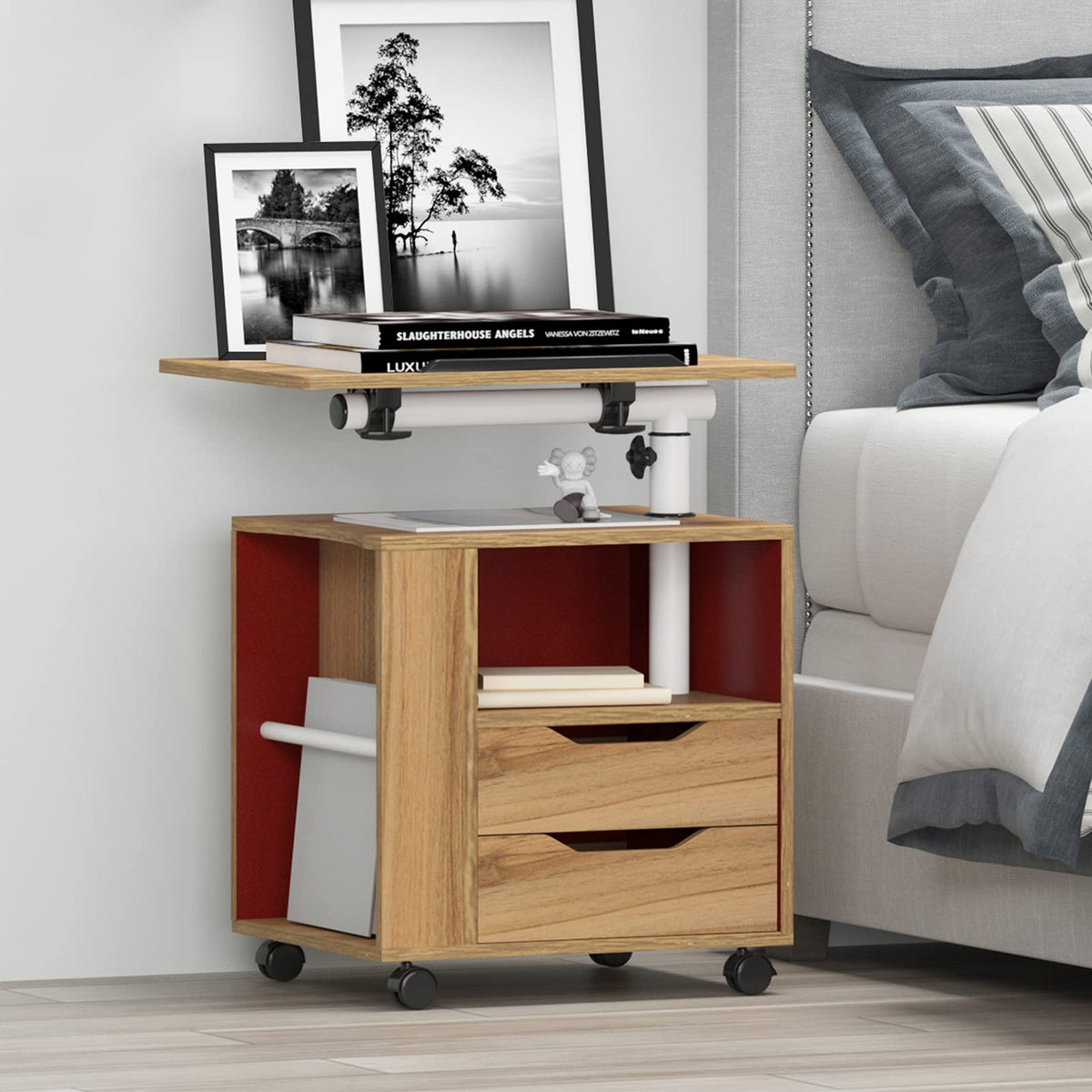 23.6in Rolling Nightstand with 2 Drawers and Shelf Oak Z683209