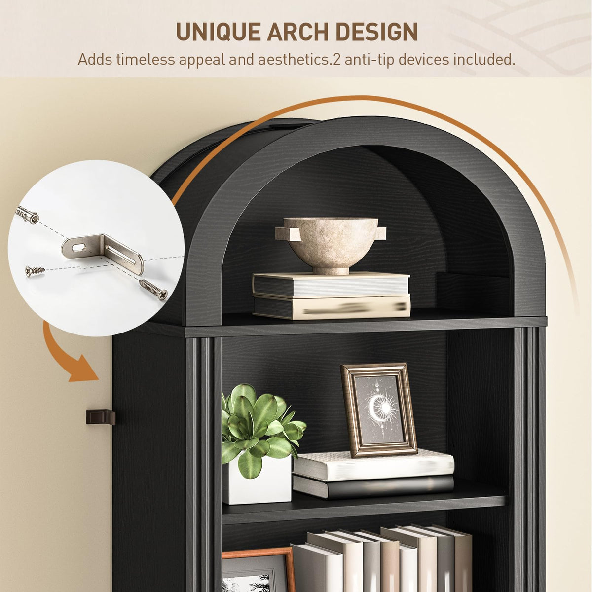 75.8" Tall Narrow 6-Tier Arched Wooden Bookshelf, Black Z61455