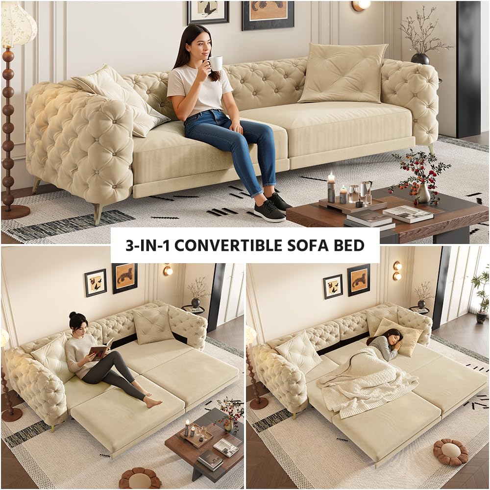 Velvet 3-in-1 Convertible Sleeper Sofa with Movable Ottoman Q8836