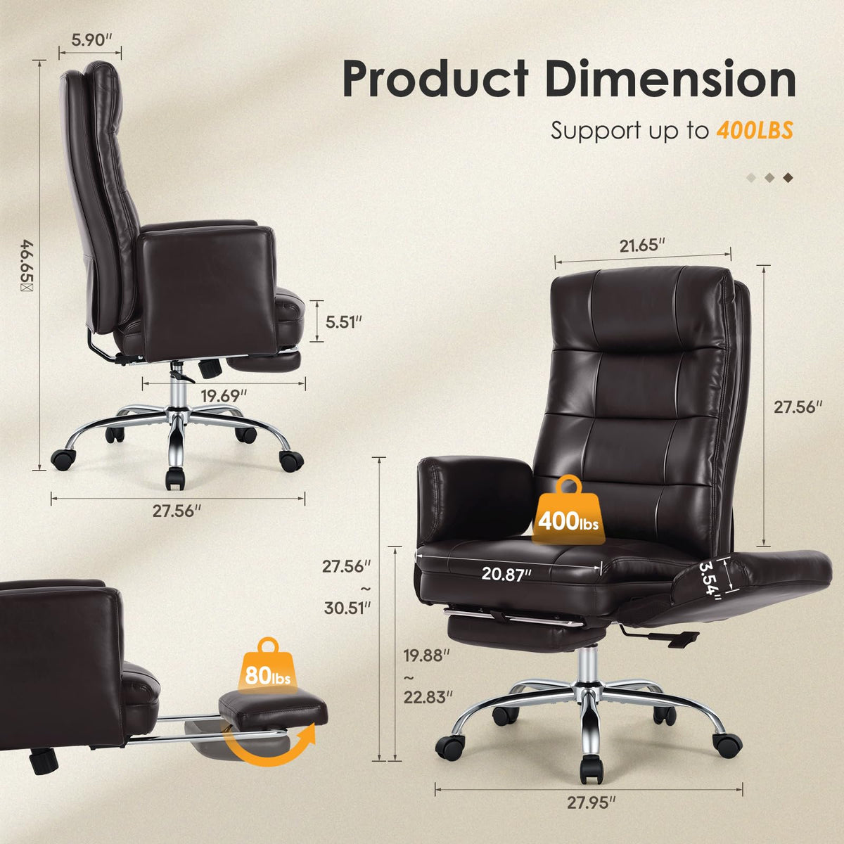 Big and Tall Ergonomic Office Chair with Foot Rest, Brown Z8621