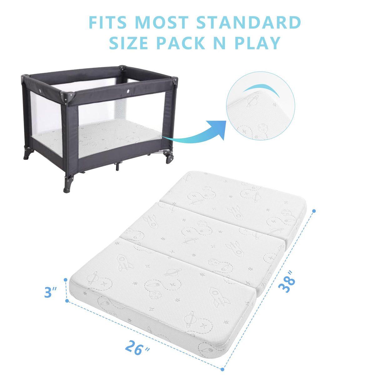 Trifold Pack and Play Mattress 38''x26'' with Washable Cover and Travel Bag T87257