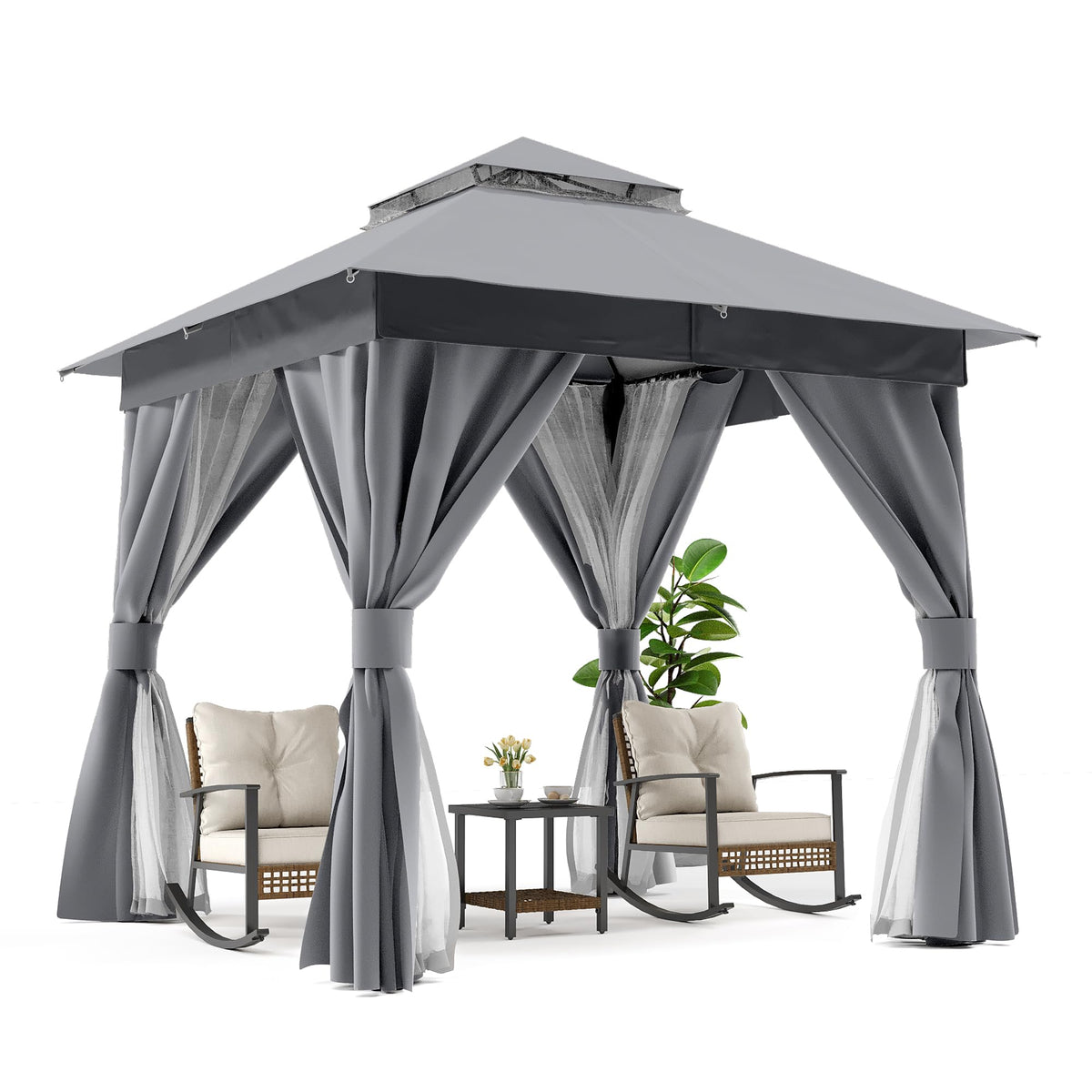 8'x8' Heavy Duty Patio Gazebo with Double Roofs, Mosquito Nettings and Privacy Screens S38027