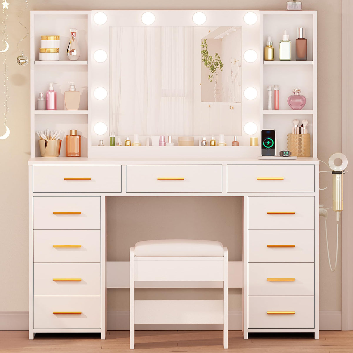 11 Drawer Makeup Vanity Desk with Mirror and Lights, Stool S56897