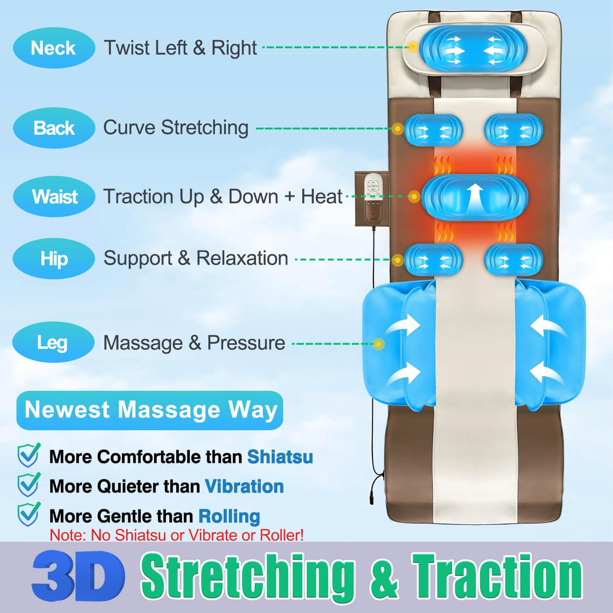 Full Body Massage Mat with Airbags Stretching & Heating, 3D Lumbar Traction, 4 Modes 3 Intensities 3 Heat Levels, PU Leather, Foldable X49501
