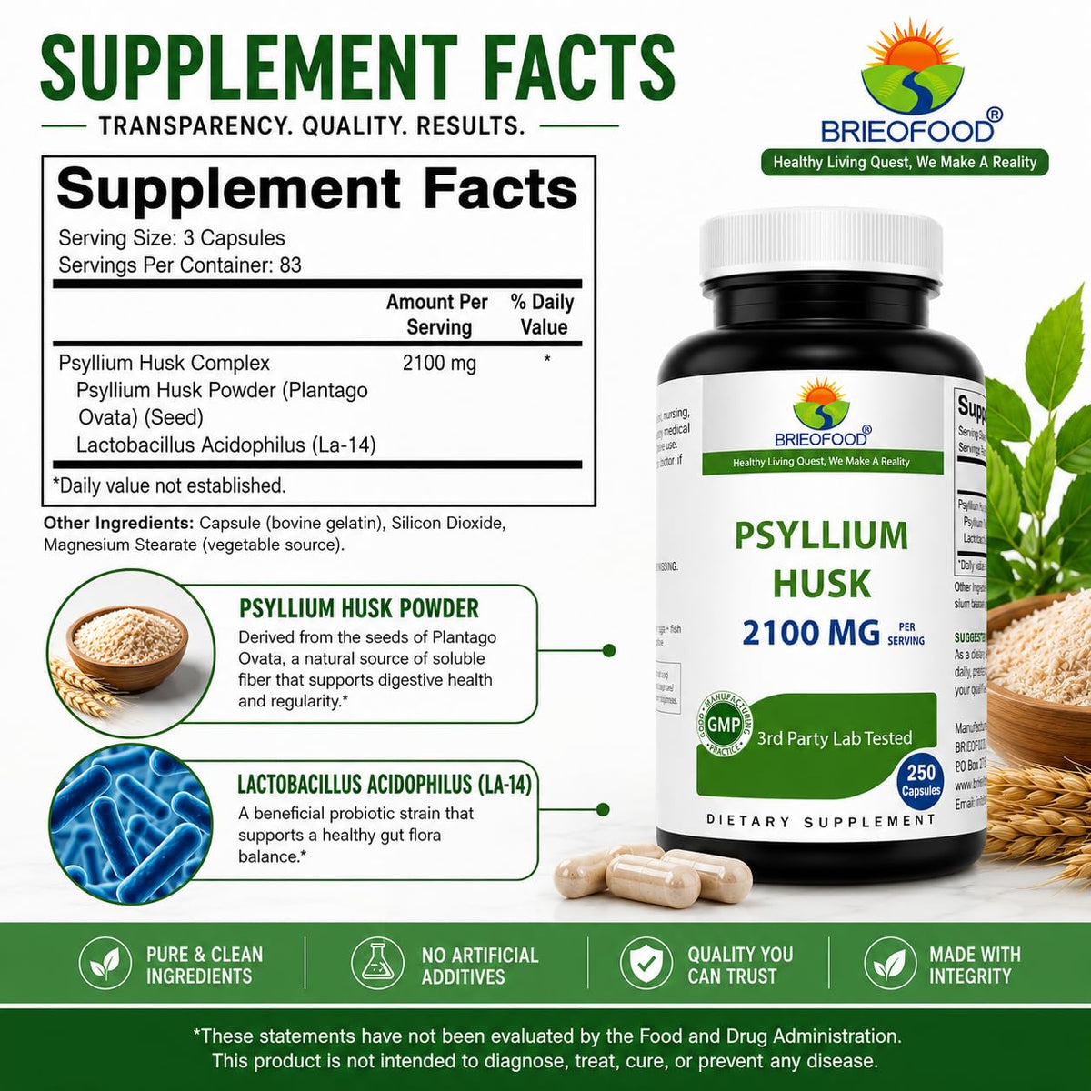 Psyllium Husk Fiber Supplement 250 Capsules K408