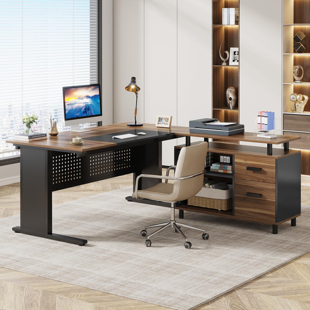 63 Inch L Shaped Computer Desk with File Cabinet and Storage Shelves I94696
