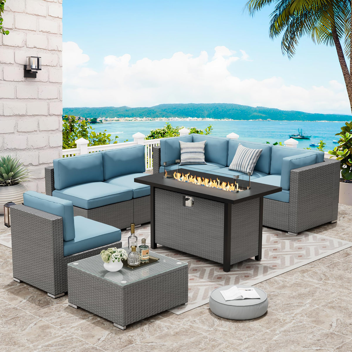 8 Piece Grey PE Wicker Patio Sectional Sofa Set with Fire Pit Table H724