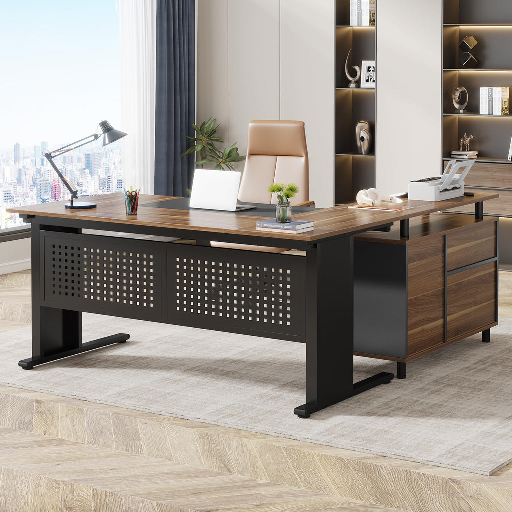 63 Inch L Shaped Computer Desk with File Cabinet and Storage Shelves I94696