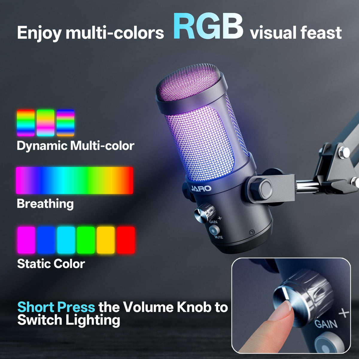 USB Podcast Microphone with Boom Arm, Studio Condenser Mic with Real-Time Monitoring, Mute, Volume Control (Black) L308704